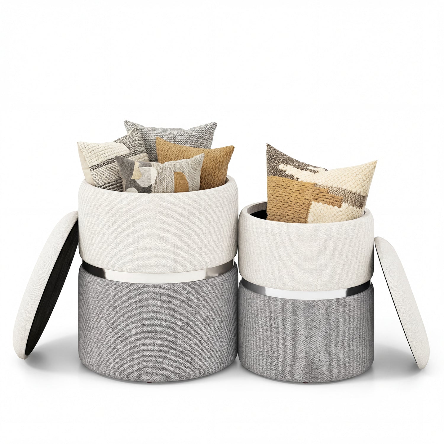Velvet Linen Fabric Storage Ottoman Set, 2 Piece, Gray Ottomans at Gallery Canada
