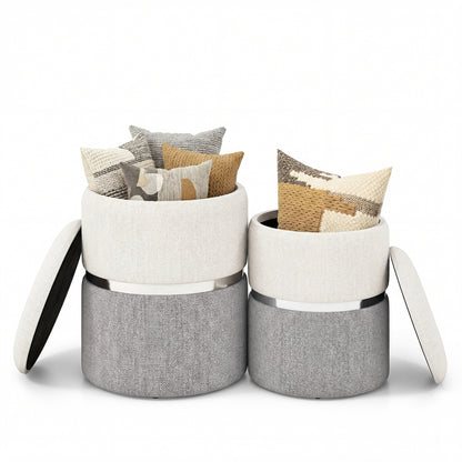 Velvet Linen Fabric Storage Ottoman Set, 2 Piece, Gray Ottomans at Gallery Canada