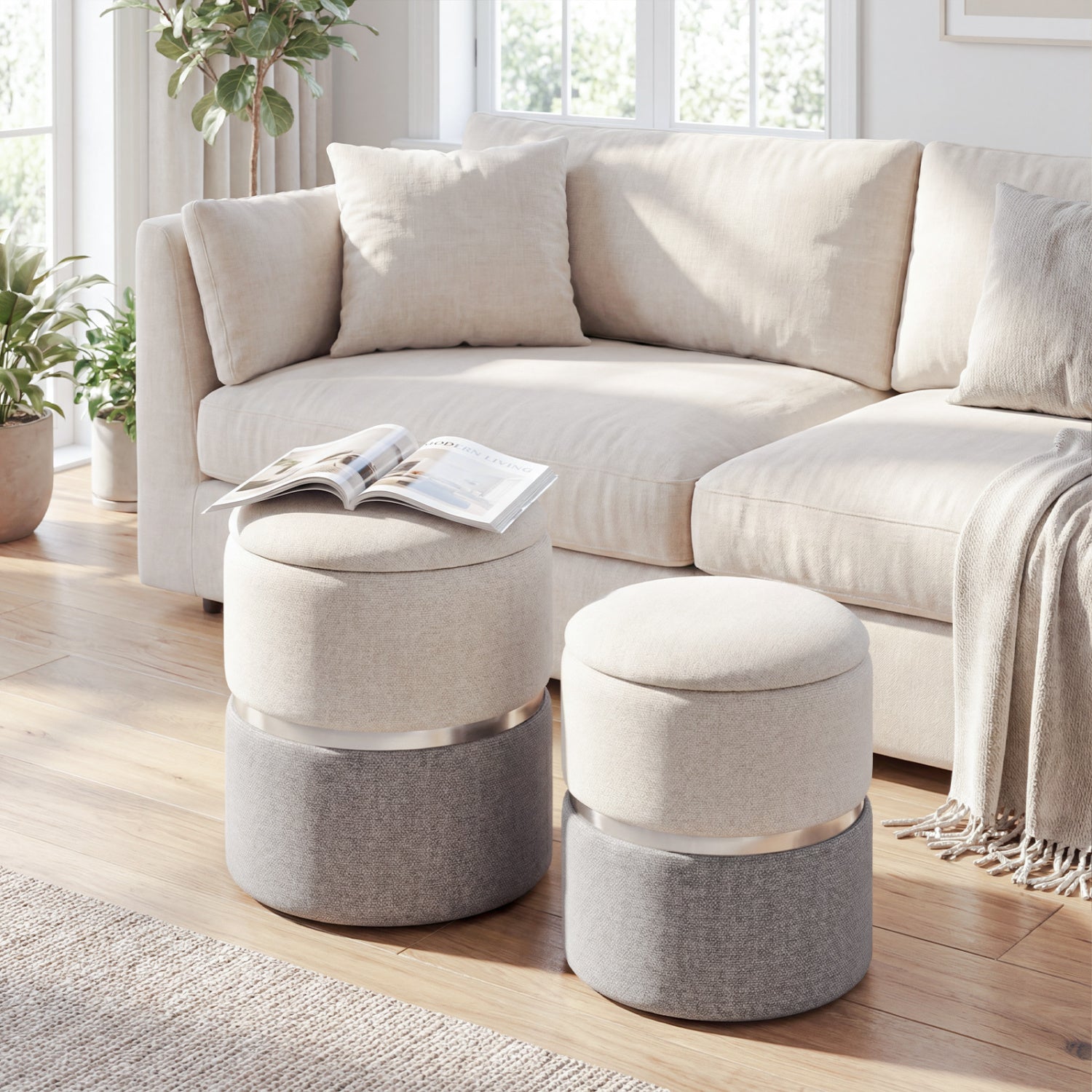 Velvet Linen Fabric Storage Ottoman Set, 2 Piece, Gray Ottomans at Gallery Canada