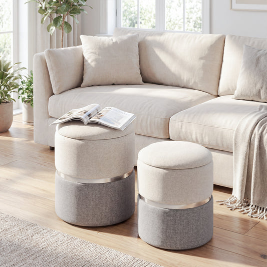 Velvet Linen Fabric Storage Ottoman Set, 2 Piece, Gray Ottomans Gray at Gallery Canada