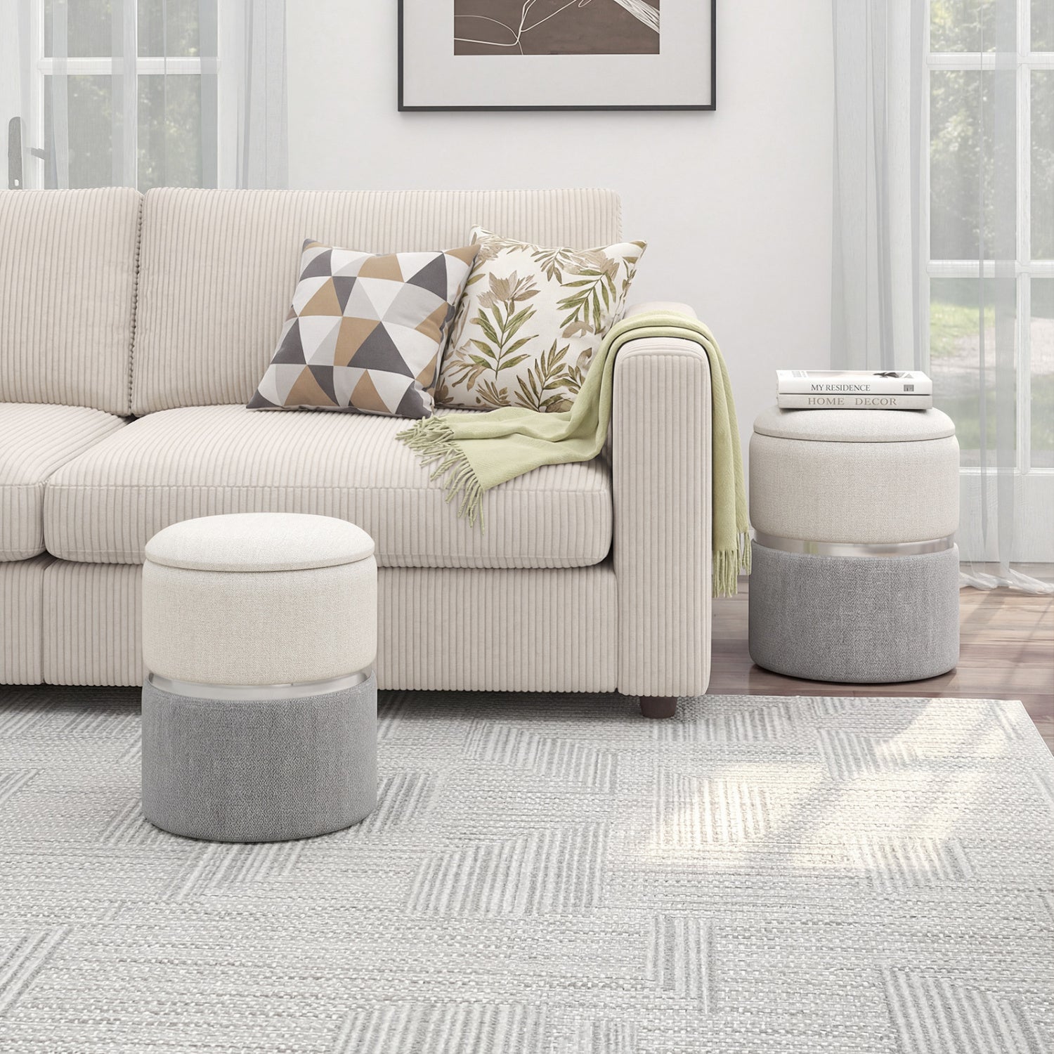 Velvet Linen Fabric Storage Ottoman Set, 2 Piece, Gray Ottomans at Gallery Canada