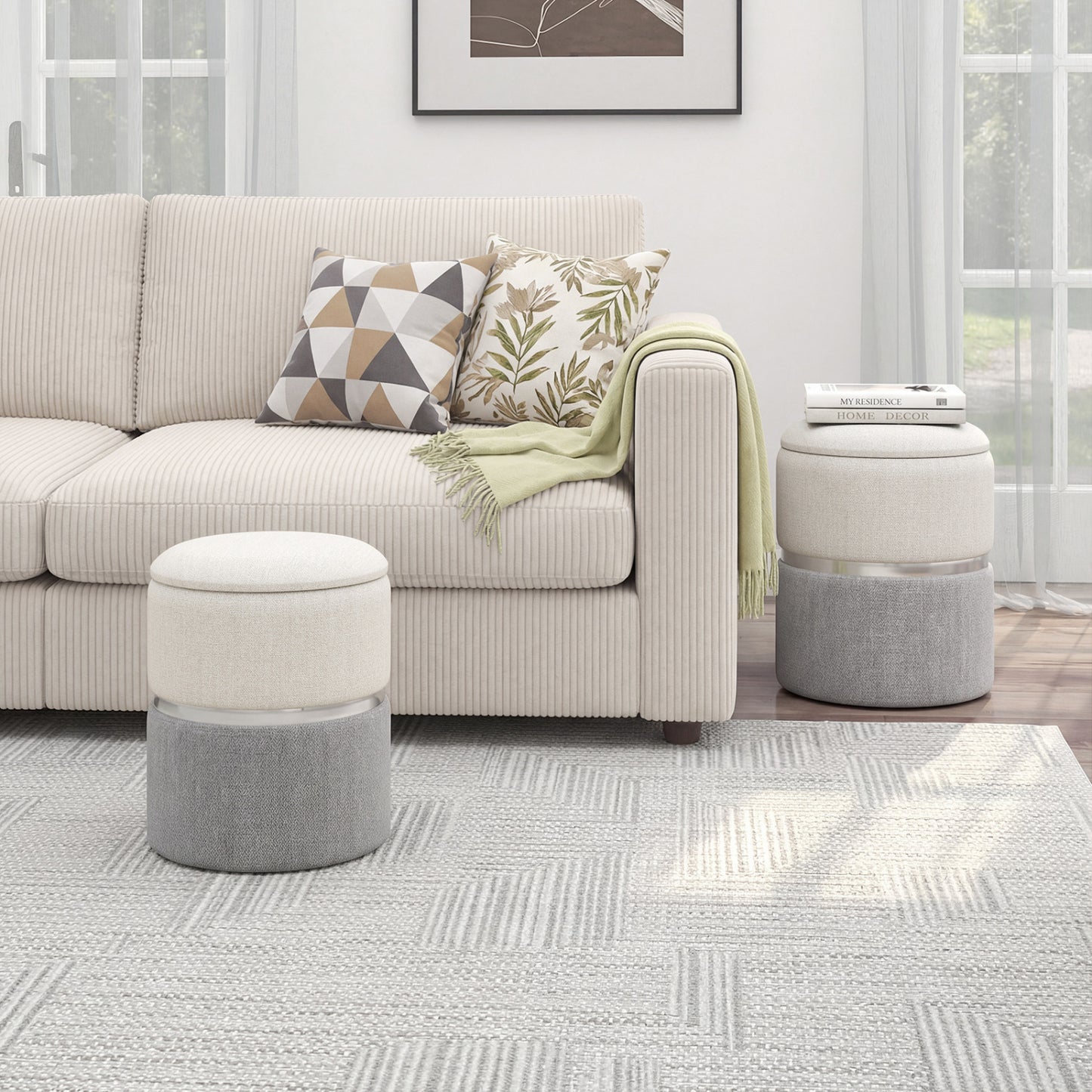 Velvet Linen Fabric Storage Ottoman Set, 2 Piece, Gray Ottomans at Gallery Canada