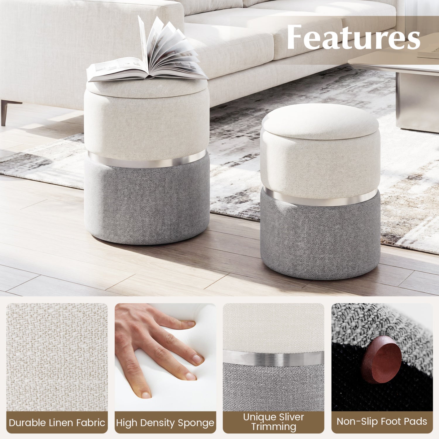 Velvet Linen Fabric Storage Ottoman Set, 2 Piece, Gray Ottomans at Gallery Canada