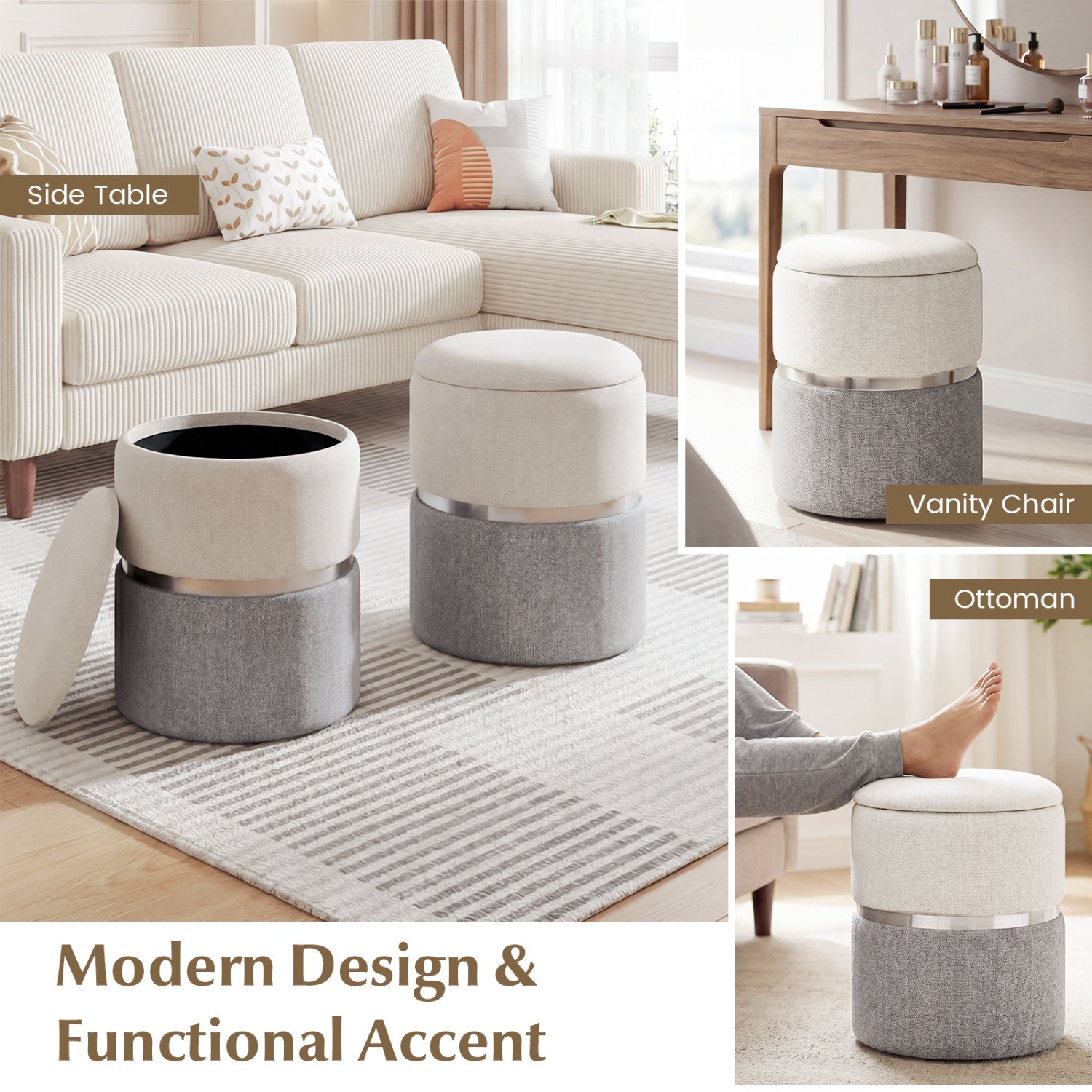 Velvet Linen Fabric Storage Ottoman Set, 2 Piece, Gray Ottomans at Gallery Canada