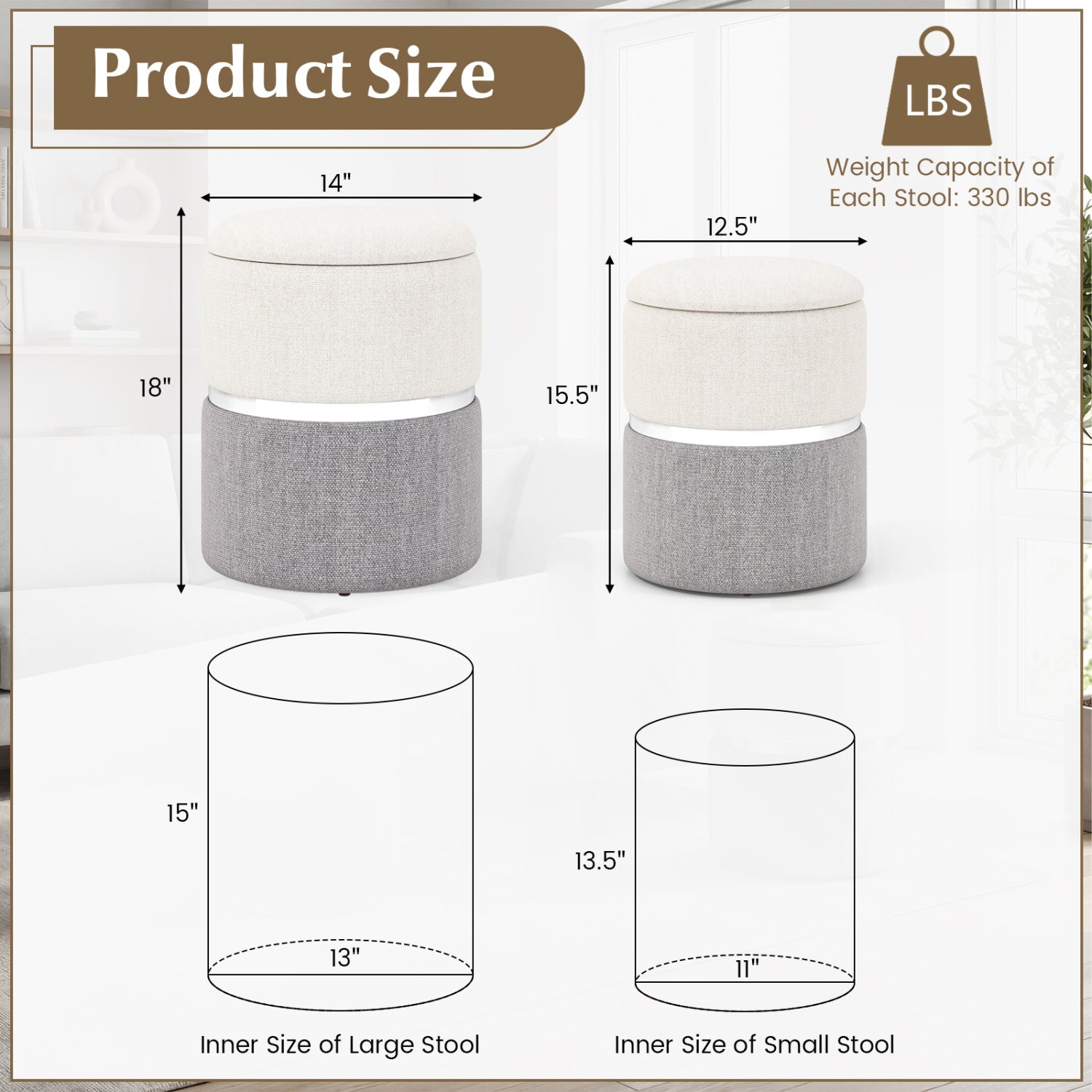 Velvet Linen Fabric Storage Ottoman Set, 2 Piece, Gray Ottomans at Gallery Canada