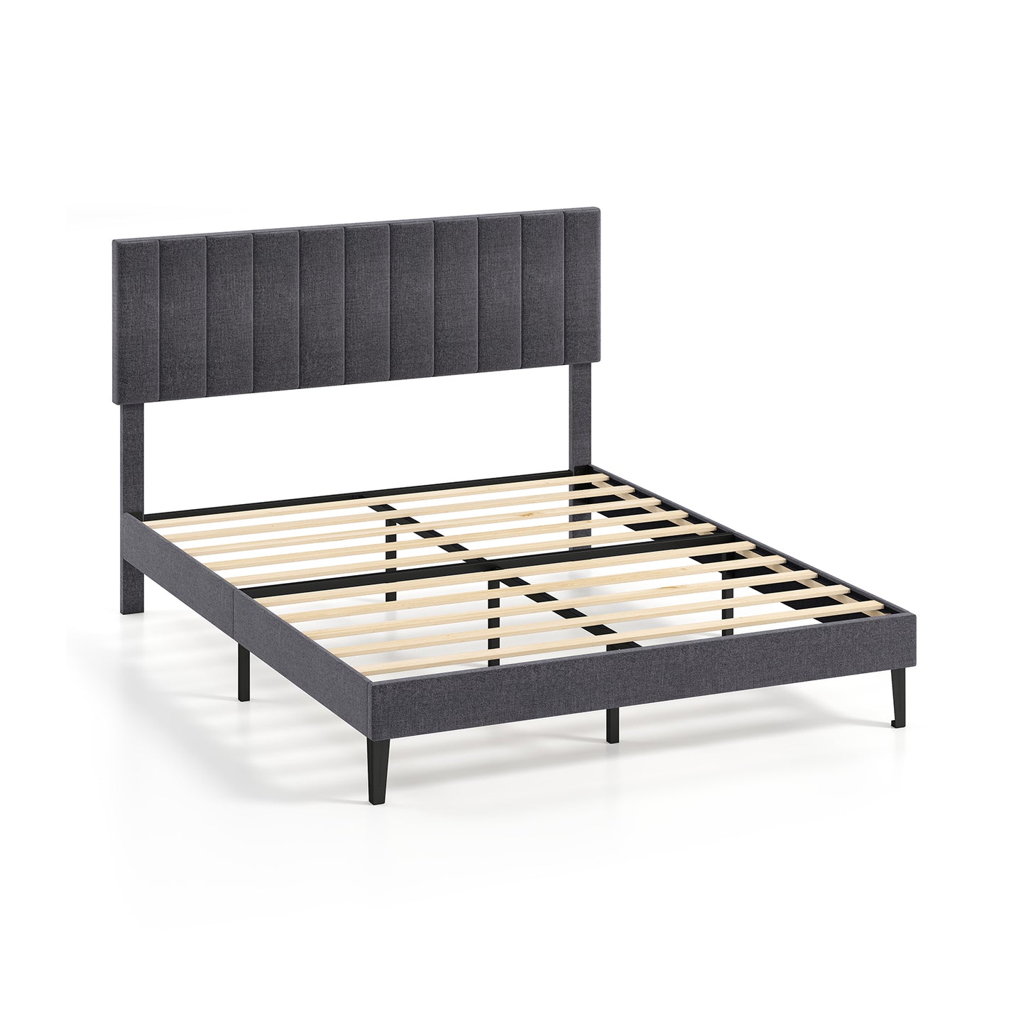 Velvet Upholstered Platform Bed with Height Adjustable Vertical Channel Headboard-Queen Size Beds & Bed Frames at Gallery Canada