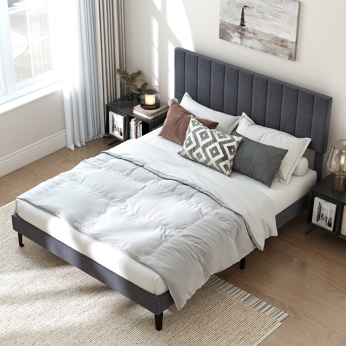 Velvet Upholstered Platform Bed with Height Adjustable Vertical Channel Headboard-Queen Size Beds & Bed Frames at Gallery Canada