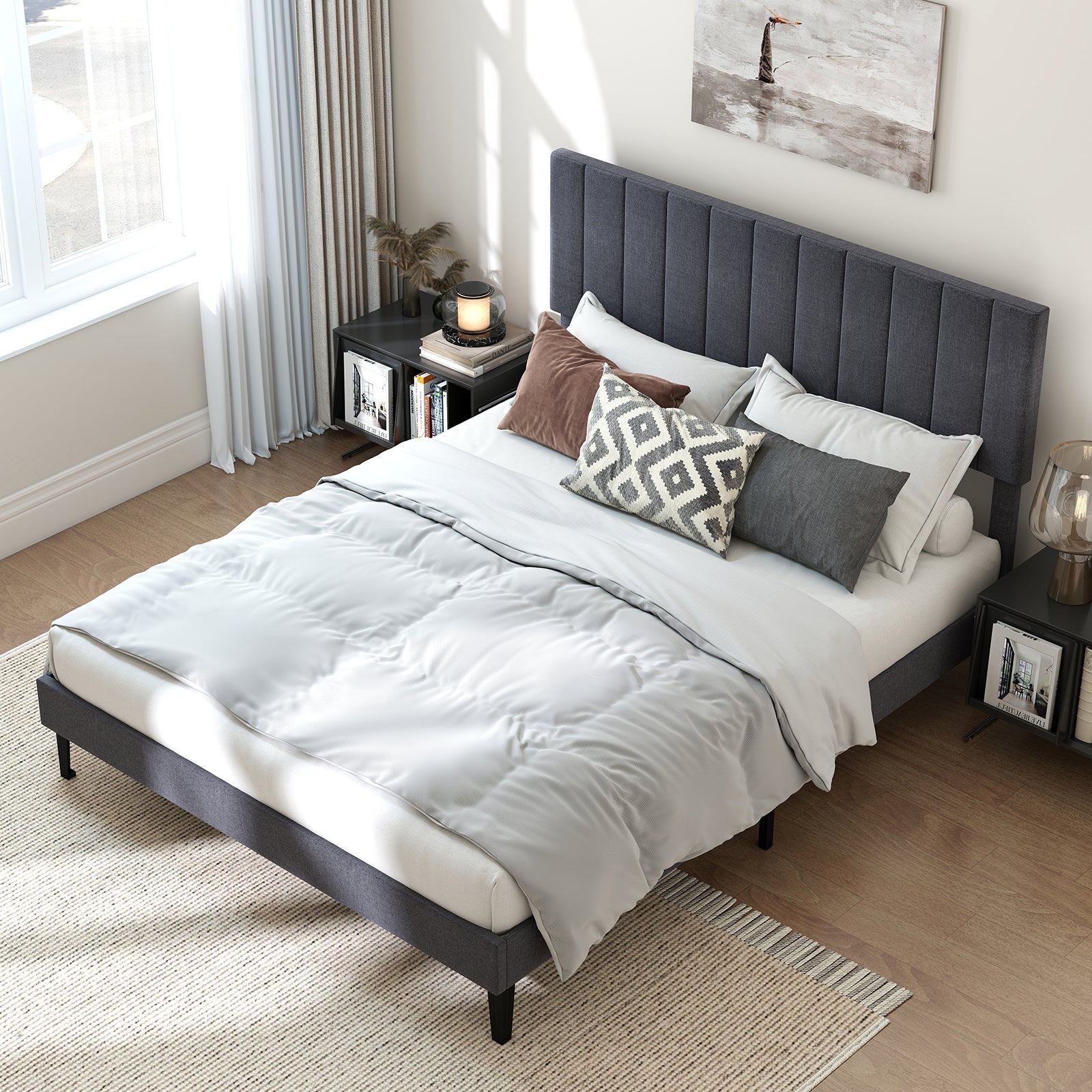 Velvet Upholstered Platform Bed with Height Adjustable Vertical Channel Headboard-Queen Size Beds & Bed Frames at Gallery Canada