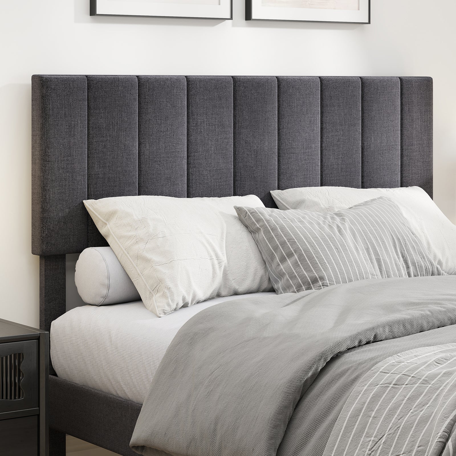 Velvet Upholstered Platform Bed with Height Adjustable Vertical Channel Headboard-Full Size Beds & Bed Frames at Gallery Canada