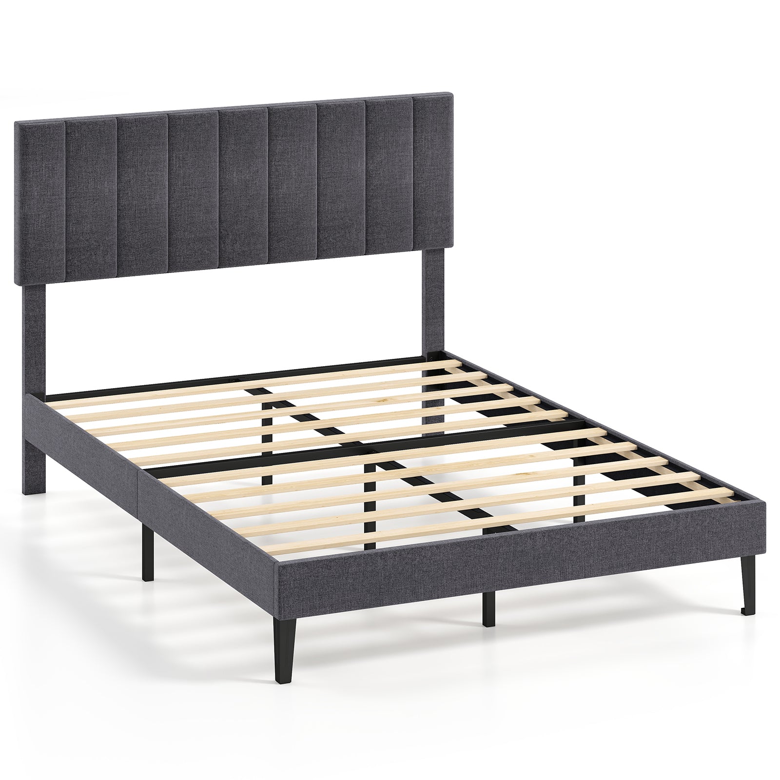 Velvet Upholstered Platform Bed with Height Adjustable Vertical Channel Headboard-Full Size Beds & Bed Frames at Gallery Canada