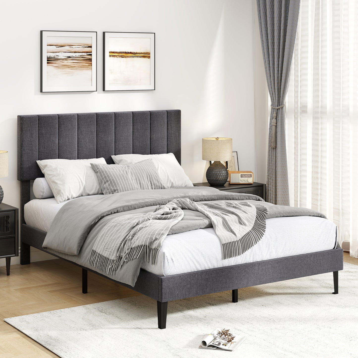 Velvet Upholstered Platform Bed with Height Adjustable Vertical Channel Headboard-Full Size Beds & Bed Frames at Gallery Canada