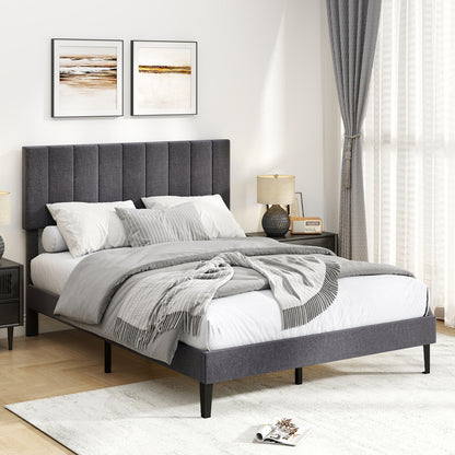 Velvet Upholstered Platform Bed with Height Adjustable Vertical Channel Headboard-Full Size Beds & Bed Frames at Gallery Canada