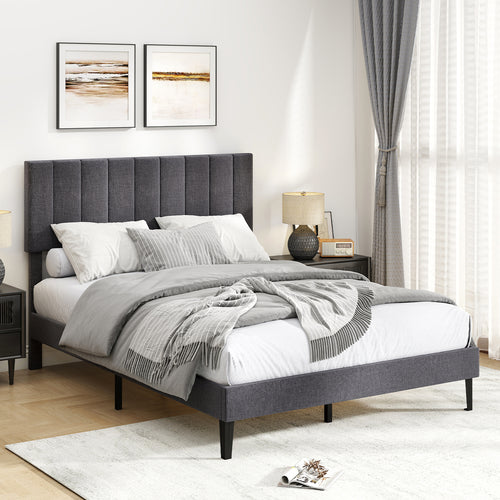 Velvet Upholstered Platform Bed with Height Adjustable Vertical Channel Headboard-Full Size