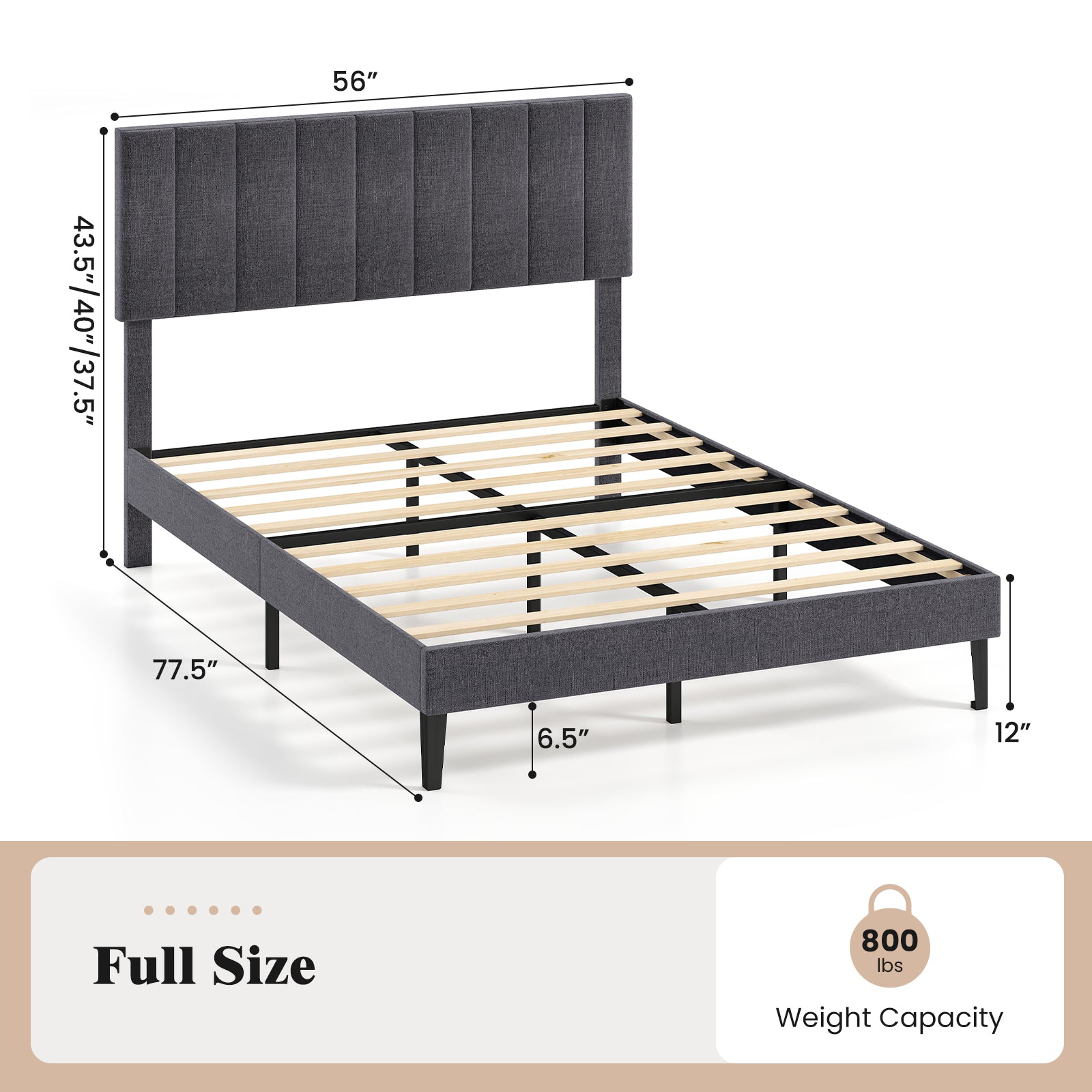 Velvet Upholstered Platform Bed with Height Adjustable Vertical Channel Headboard-Full Size Beds & Bed Frames at Gallery Canada