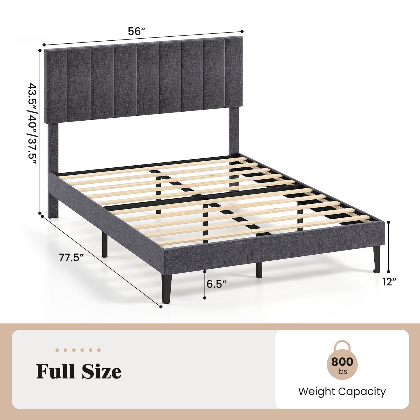 Velvet Upholstered Platform Bed with Height Adjustable Vertical Channel Headboard-Full Size Beds & Bed Frames at Gallery Canada