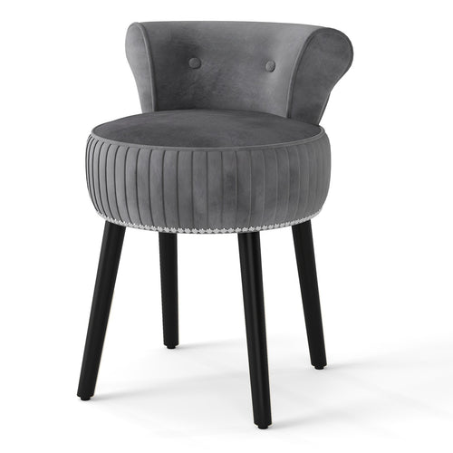 Velvet Vanity Chair with Back Upholstered Vanity Stool with Tufted Low Back and Solid Wood Legs, Gray