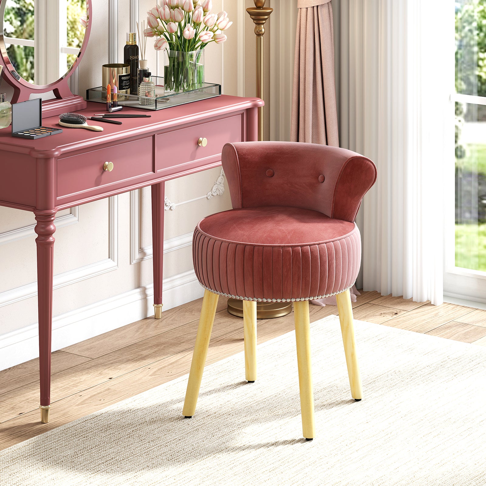 Velvet Vanity Chair, Tufted Low Back, Solid Wood Legs, Pink Makeup Vanities at Gallery Canada