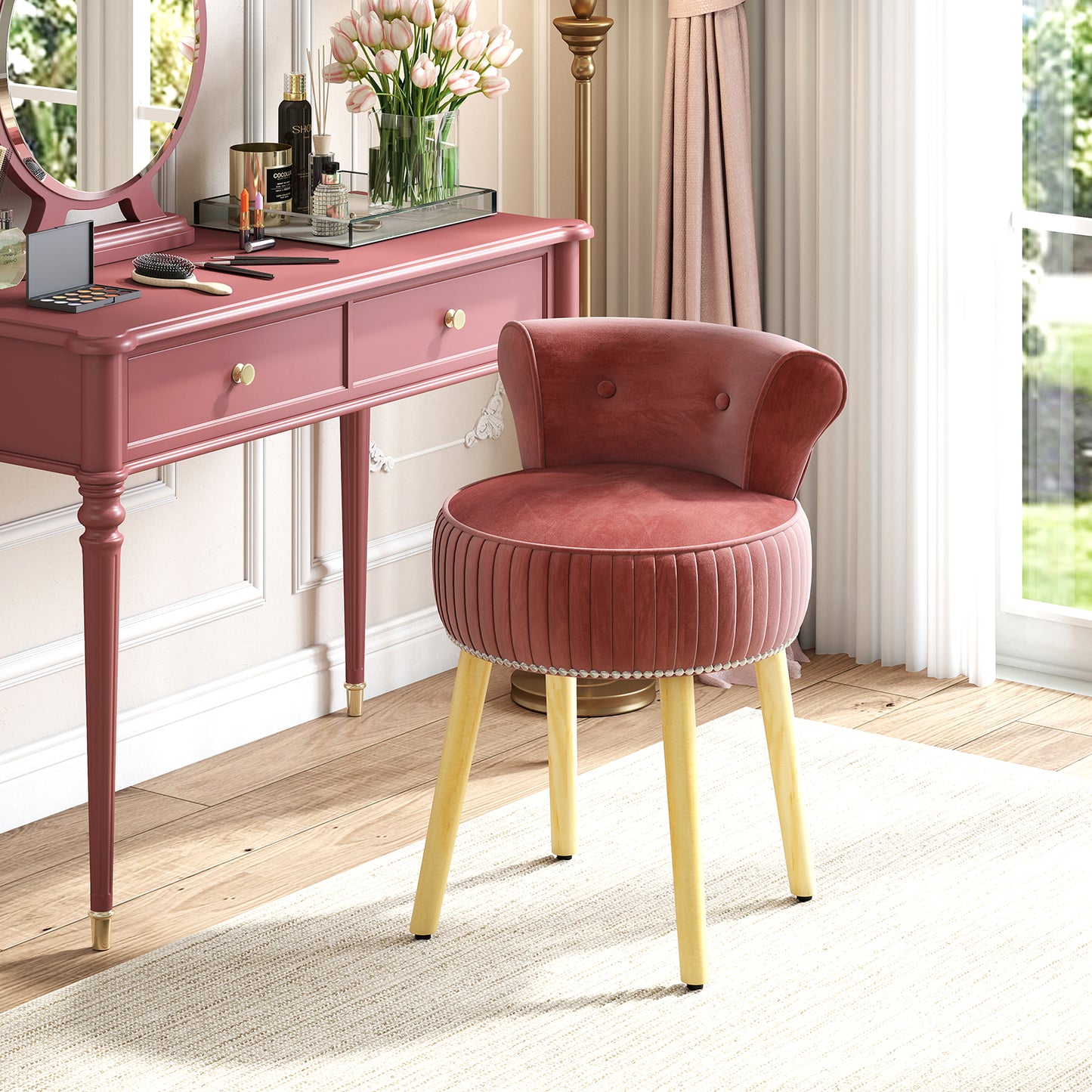 Velvet Vanity Chair, Tufted Low Back, Solid Wood Legs, Pink Makeup Vanities at Gallery Canada