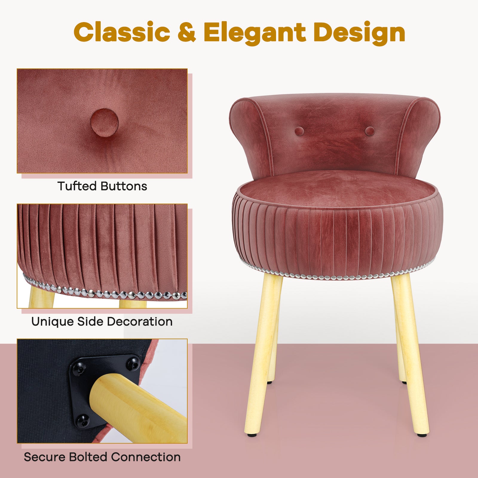 Velvet Vanity Chair, Tufted Low Back, Solid Wood Legs, Pink Makeup Vanities at Gallery Canada