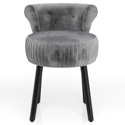 Velvet Vanity Chair, Upholstered Stool, Tufted Low Back, Solid Wood Legs, Gray