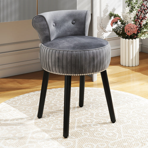 Velvet Vanity Chair, Upholstered Stool, Tufted Low Back, Solid Wood Legs, Gray