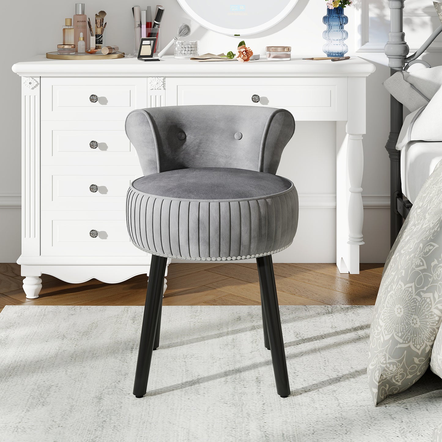 Velvet Vanity Chair, Upholstered Stool, Tufted Low Back, Solid Wood Legs, Gray Makeup Vanities at Gallery Canada