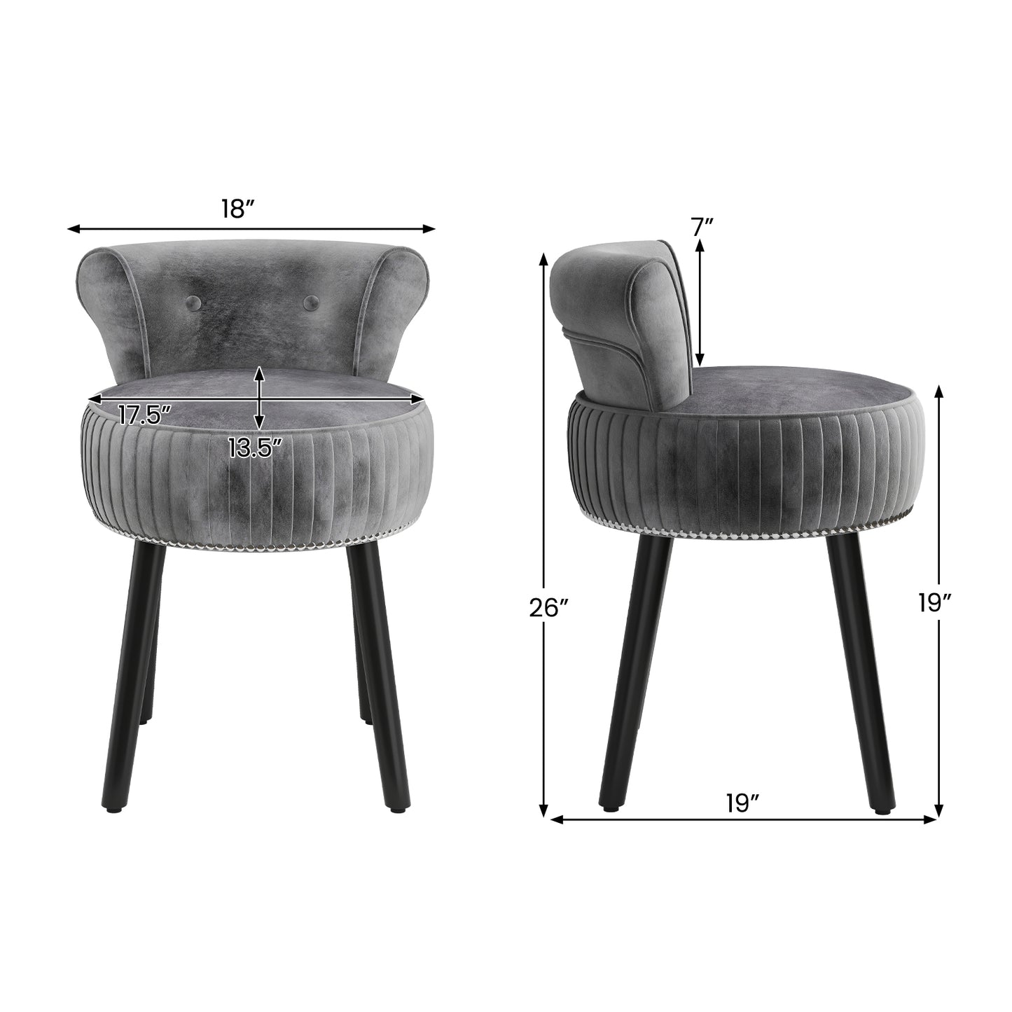 Velvet Vanity Chair, Upholstered Stool, Tufted Low Back, Solid Wood Legs, Gray Makeup Vanities at Gallery Canada