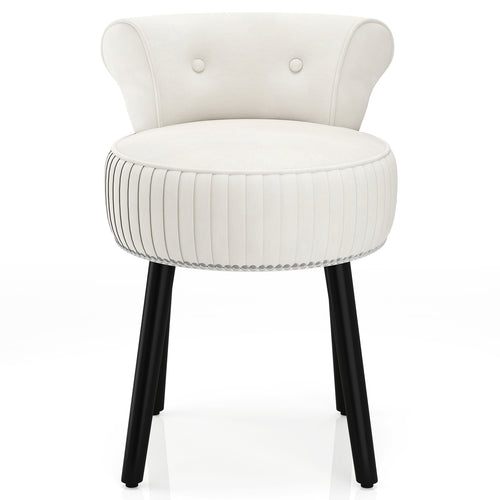 Velvet Vanity Chair, Upholstered Stool, Tufted Low Back, Solid Wood Legs, White