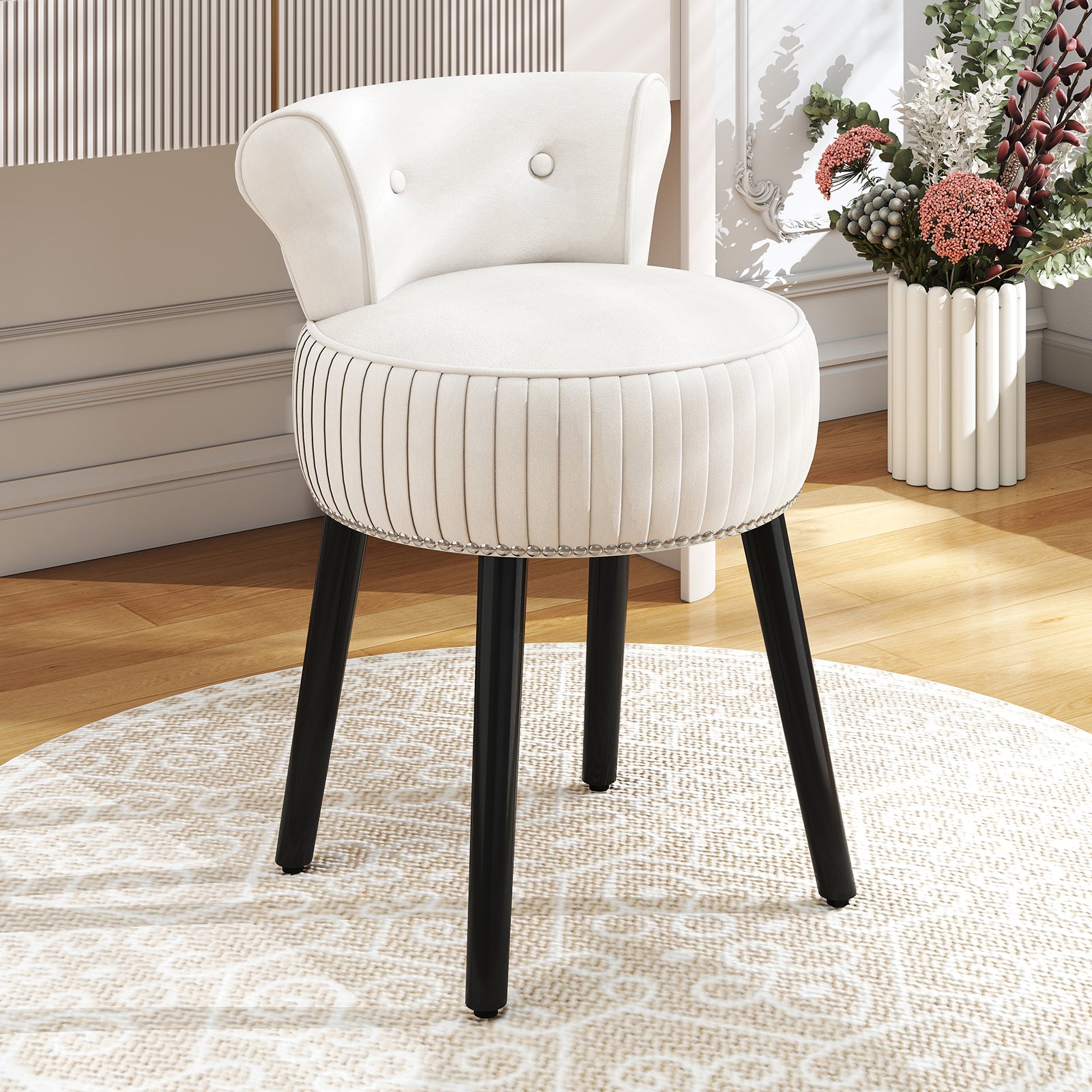 Velvet Vanity Chair, Upholstered Stool, Tufted Low Back, Solid Wood Legs, White Makeup Vanities at Gallery Canada