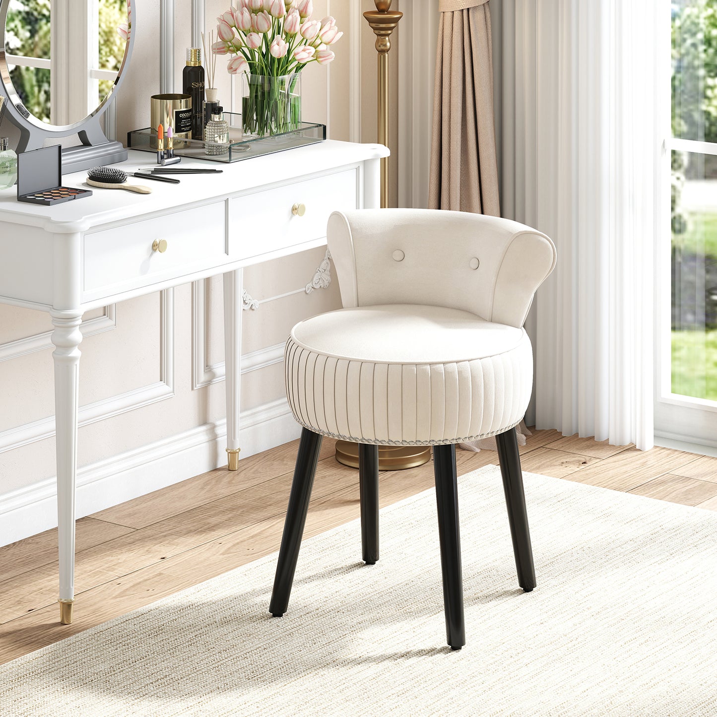 Velvet Vanity Chair, Upholstered Stool, Tufted Low Back, Solid Wood Legs, White Makeup Vanities at Gallery Canada