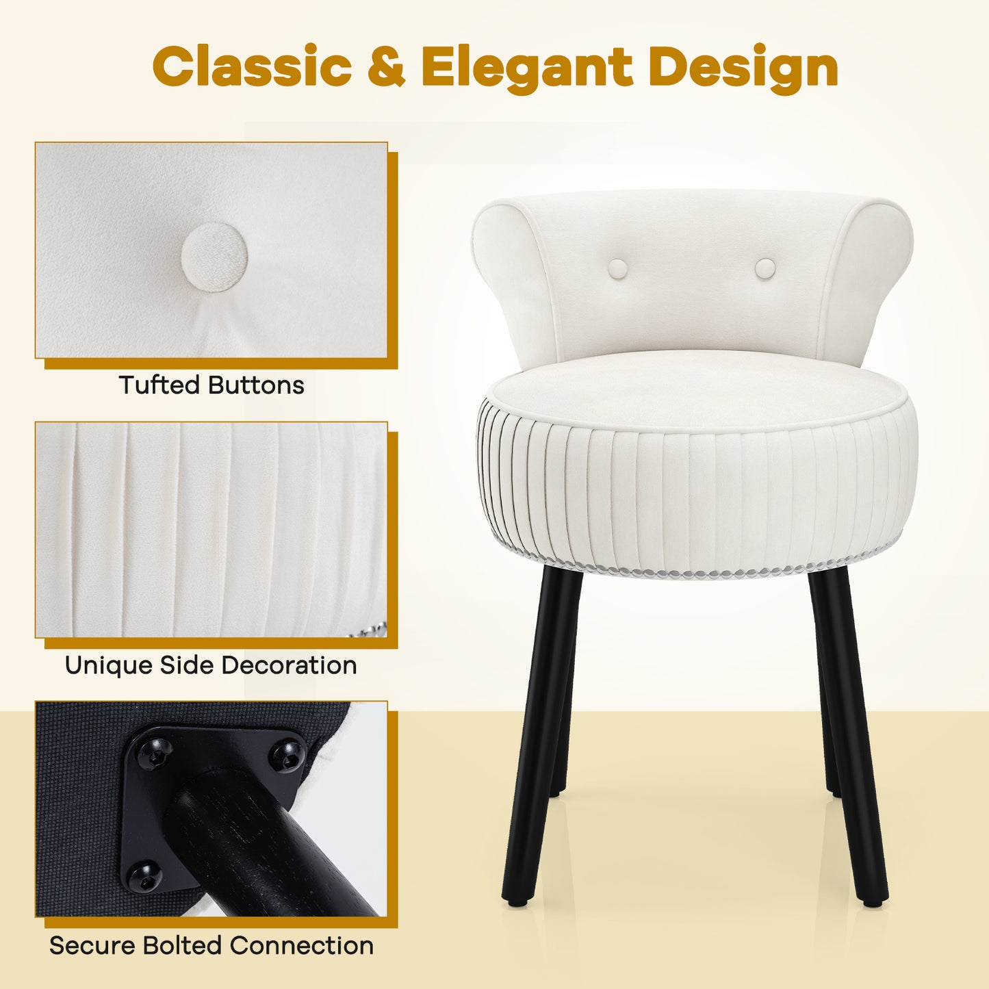 Velvet Vanity Chair, Upholstered Stool, Tufted Low Back, Solid Wood Legs, White Makeup Vanities at Gallery Canada
