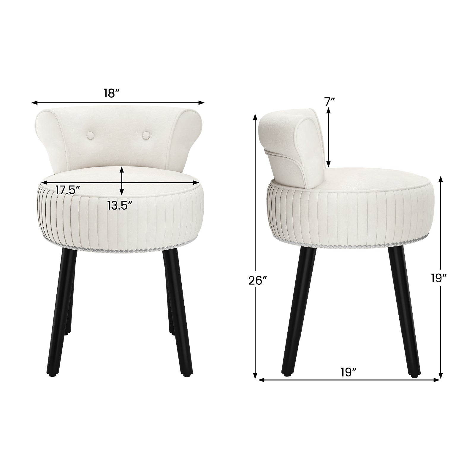 Velvet Vanity Chair, Upholstered Stool, Tufted Low Back, Solid Wood Legs, White Makeup Vanities at Gallery Canada