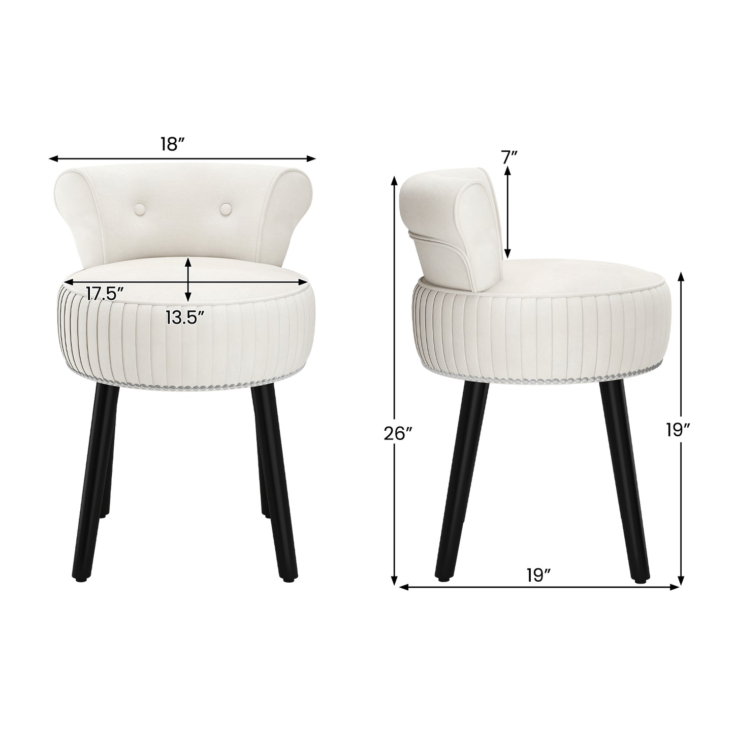 Velvet Vanity Chair, Upholstered Stool, Tufted Low Back, Solid Wood Legs, White Makeup Vanities at Gallery Canada