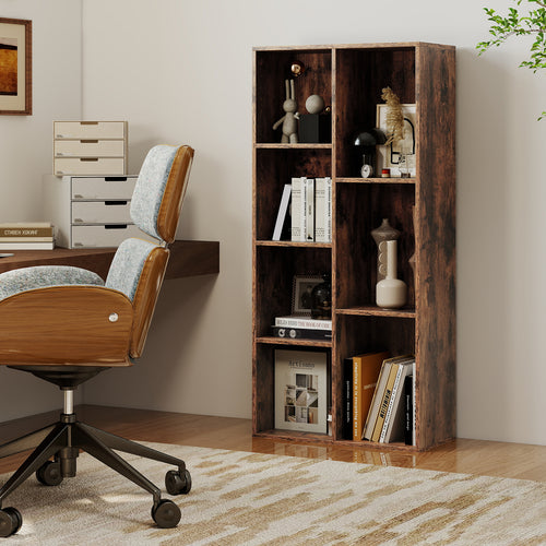 Vertical or Horizontal Freestanding Bookshelf with 7 Compartments, Rustic Brown