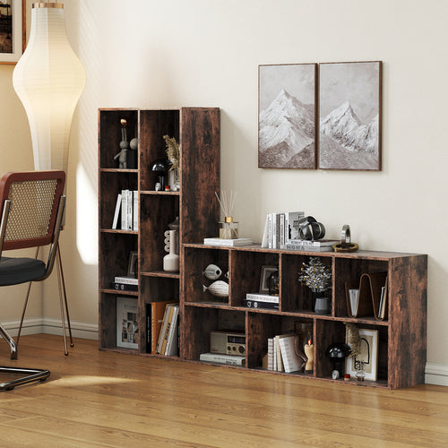 Vertical or Horizontal Freestanding Bookshelf with 7 Compartments, Rustic Brown