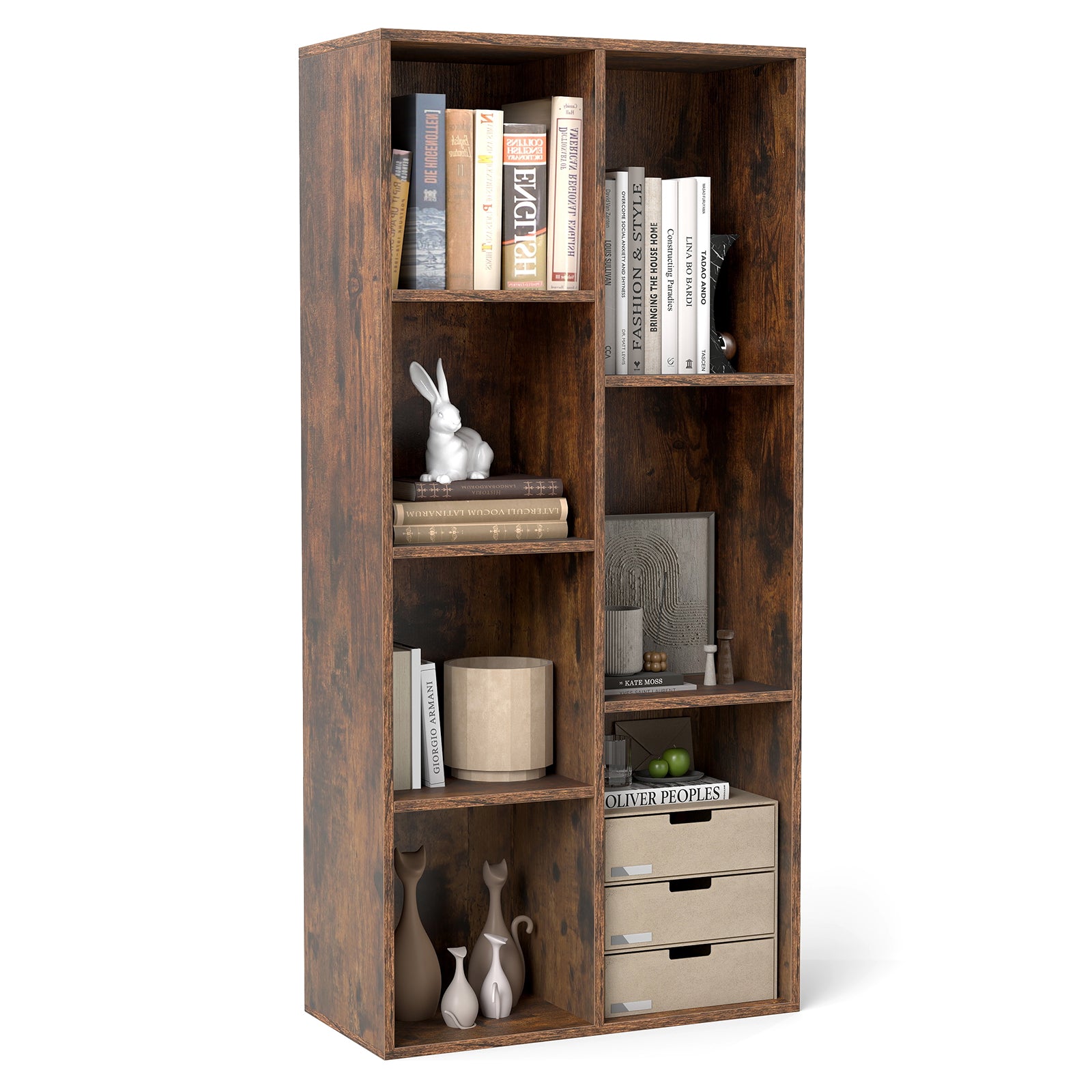 Vertical or Horizontal Freestanding Bookshelf with 7 Compartments, Rustic Brown Bookcases at Gallery Canada