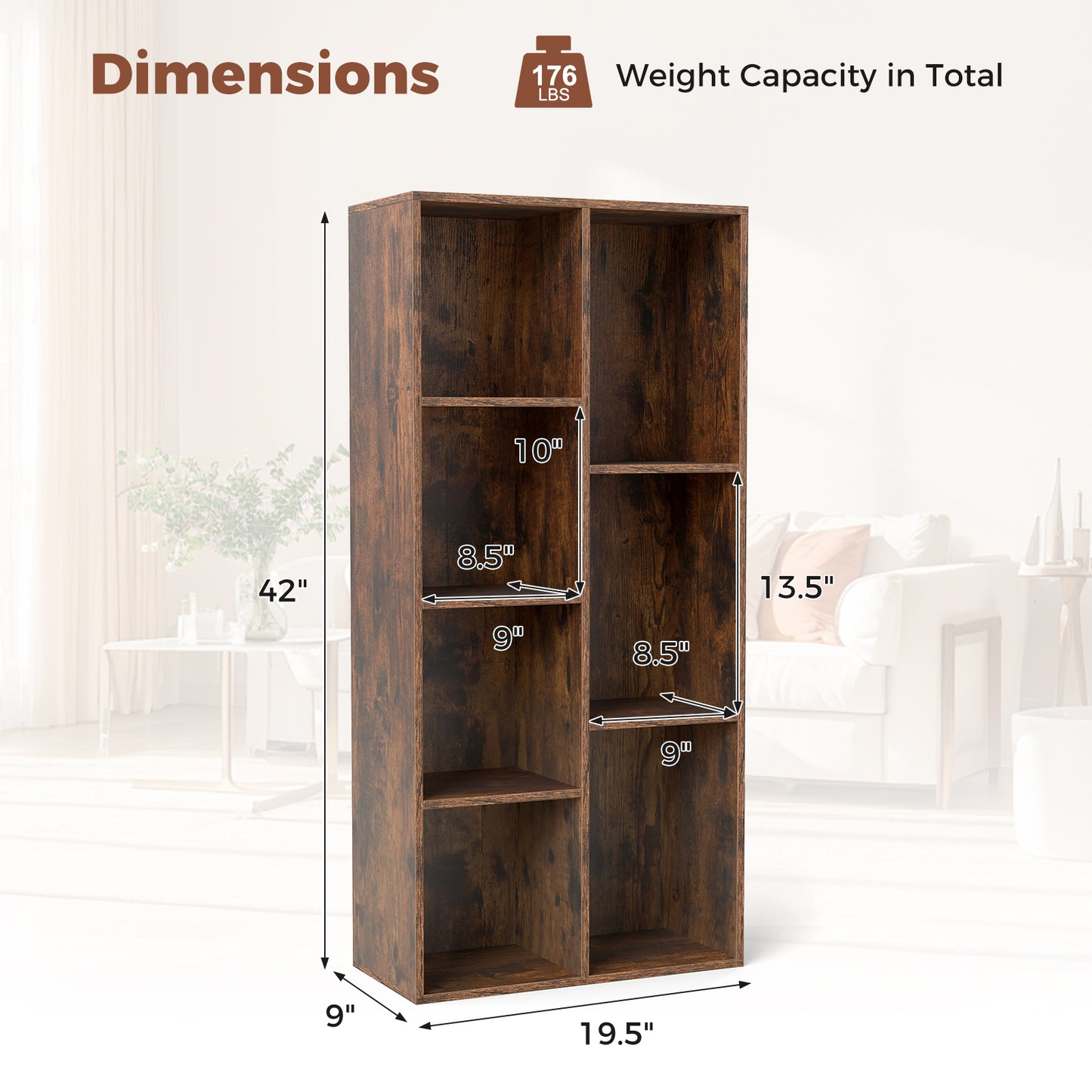 Vertical or Horizontal Freestanding Bookshelf with 7 Compartments, Rustic Brown Bookcases at Gallery Canada