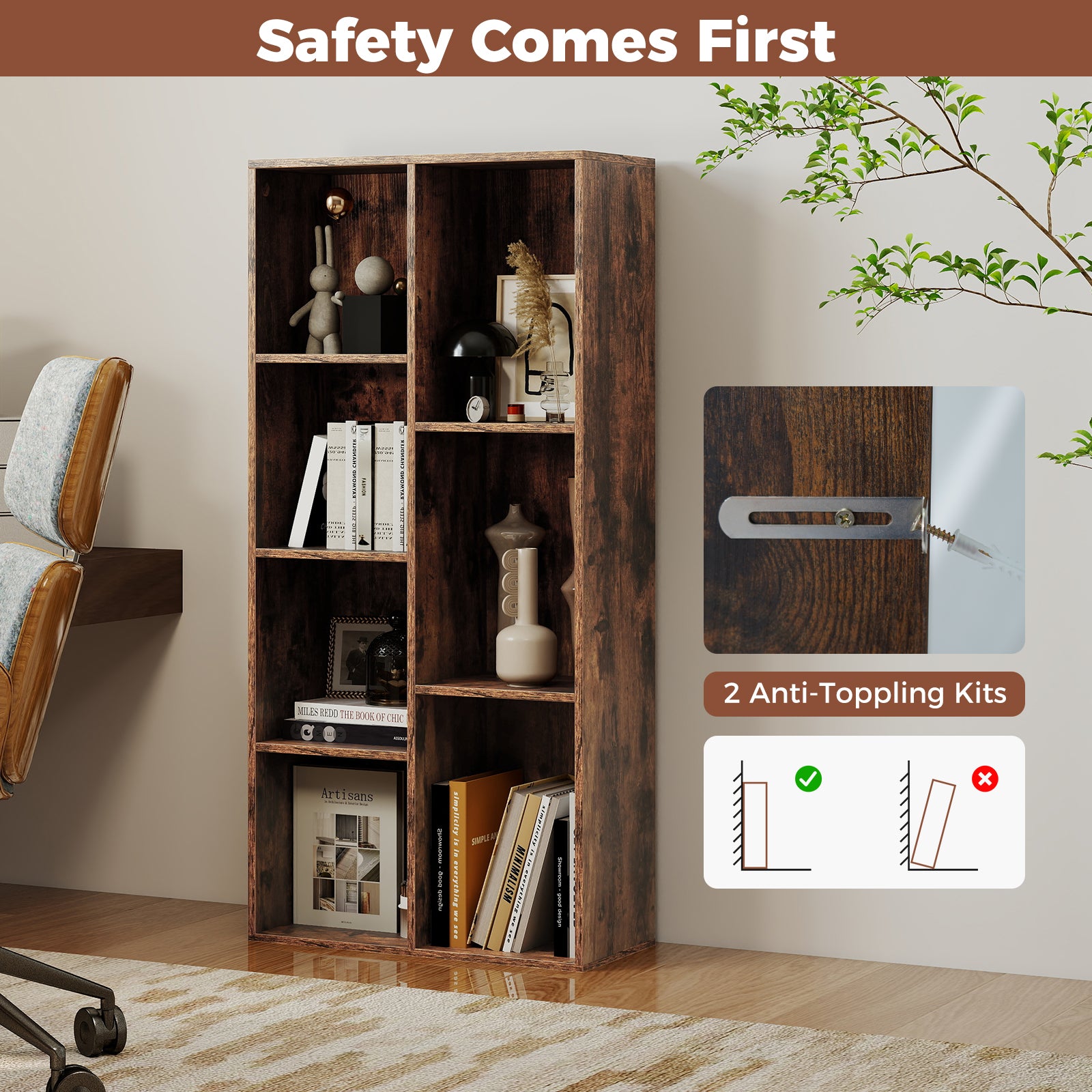 Vertical or Horizontal Freestanding Bookshelf with 7 Compartments, Rustic Brown Bookcases at Gallery Canada