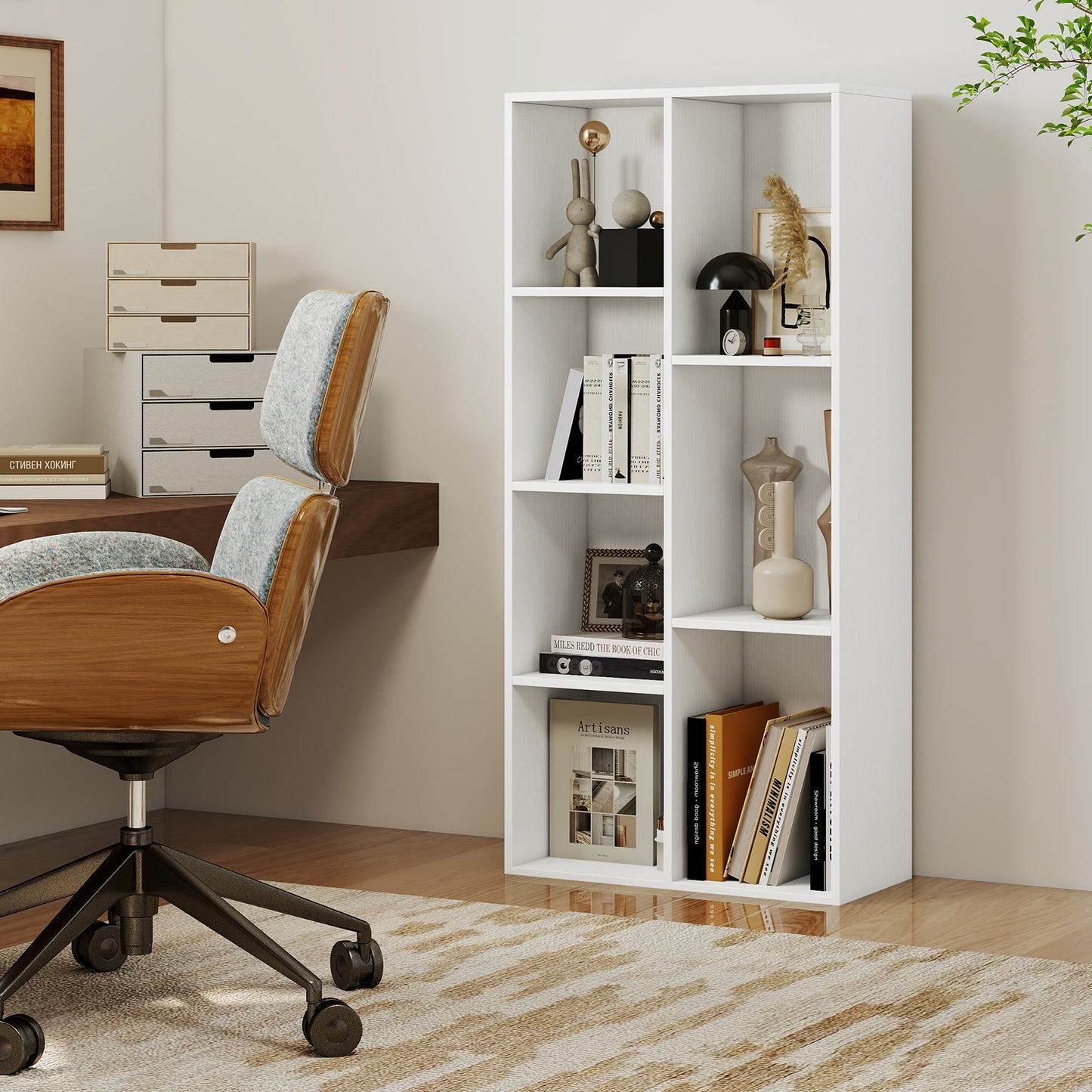 Vertical or Horizontal Freestanding Bookshelf with 7 Compartments, White Bookcases at Gallery Canada