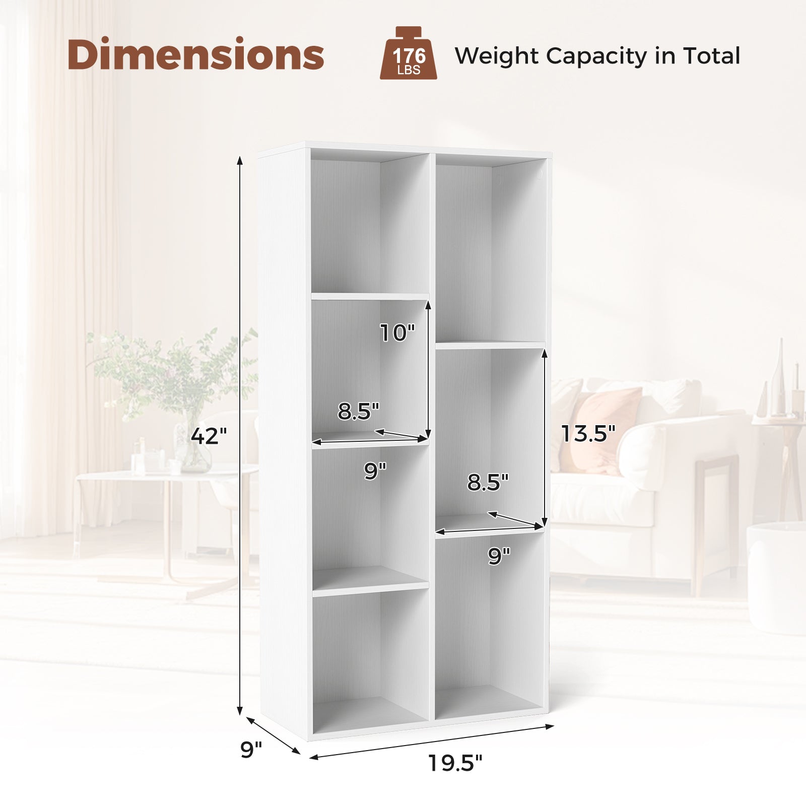 Vertical or Horizontal Freestanding Bookshelf with 7 Compartments, White Bookcases at Gallery Canada
