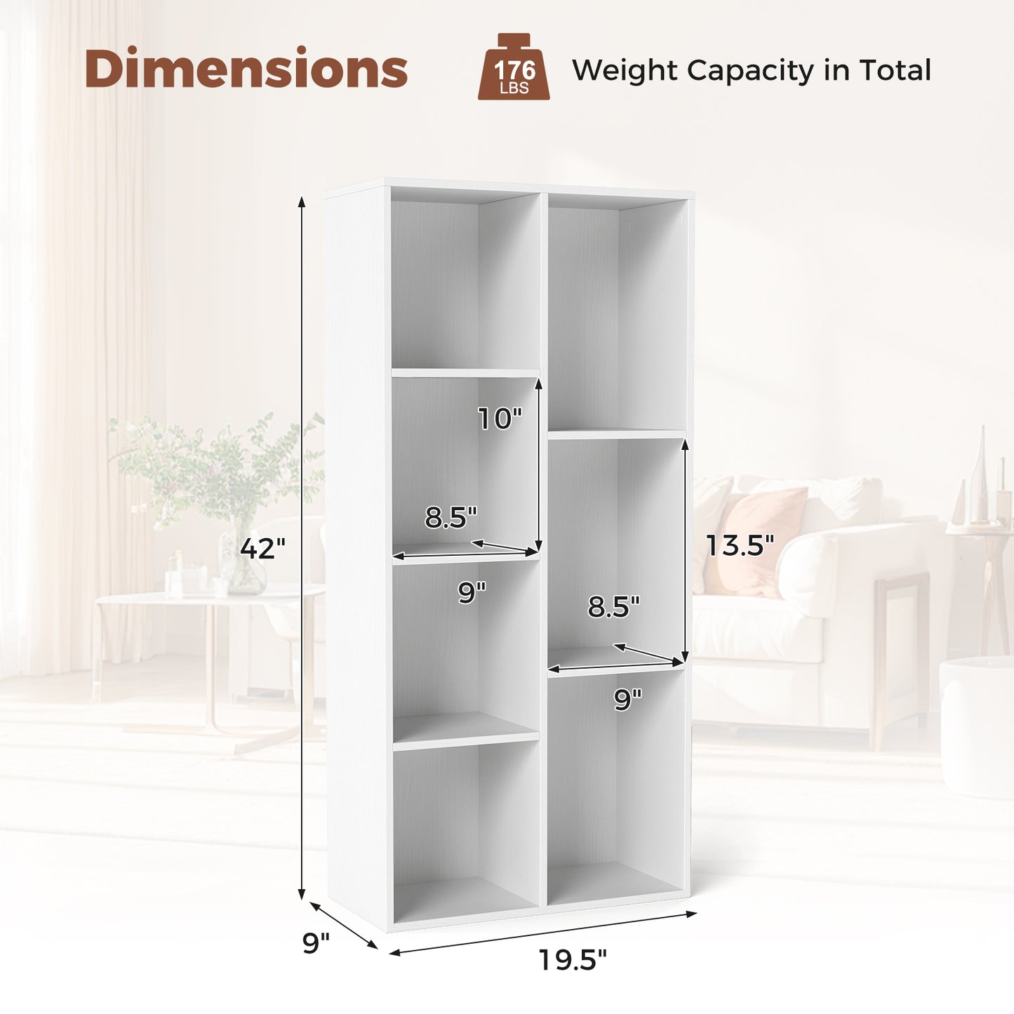 Vertical or Horizontal Freestanding Bookshelf with 7 Compartments, White Bookcases at Gallery Canada