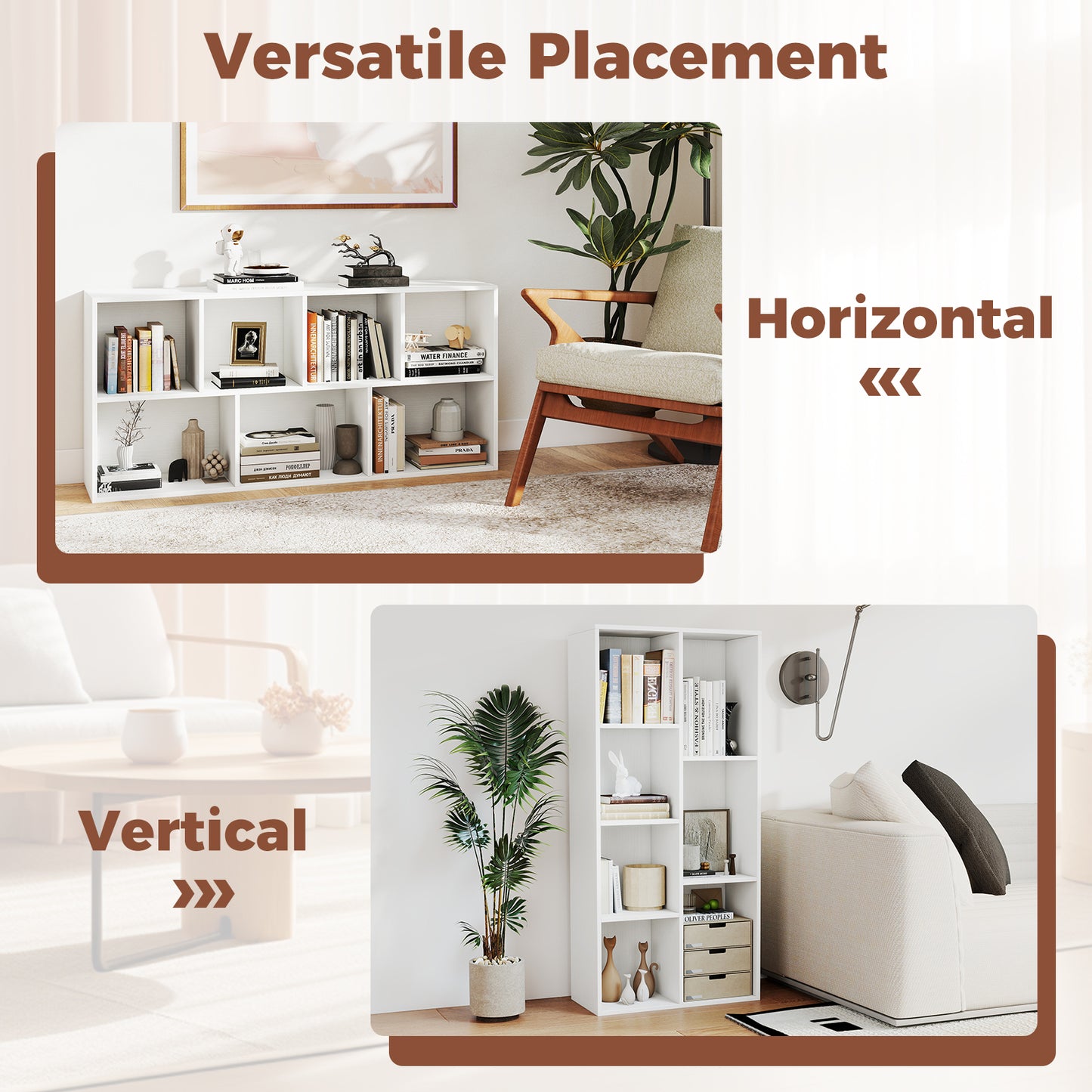 Vertical or Horizontal Freestanding Bookshelf with 7 Compartments, White Bookcases at Gallery Canada