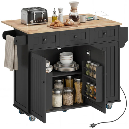 Kitchen Island On Wheels With Drop Leaf, Charging Station, Black Kitchen Islands & Kitchen Carts Black, Oak at Gallery Canada