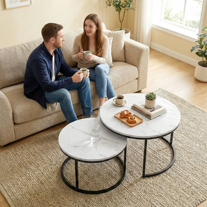 Modern Coffee Table Set, 2 Nesting Tables, Metal Base, Marble White, White Coffee Tables at Gallery Canada