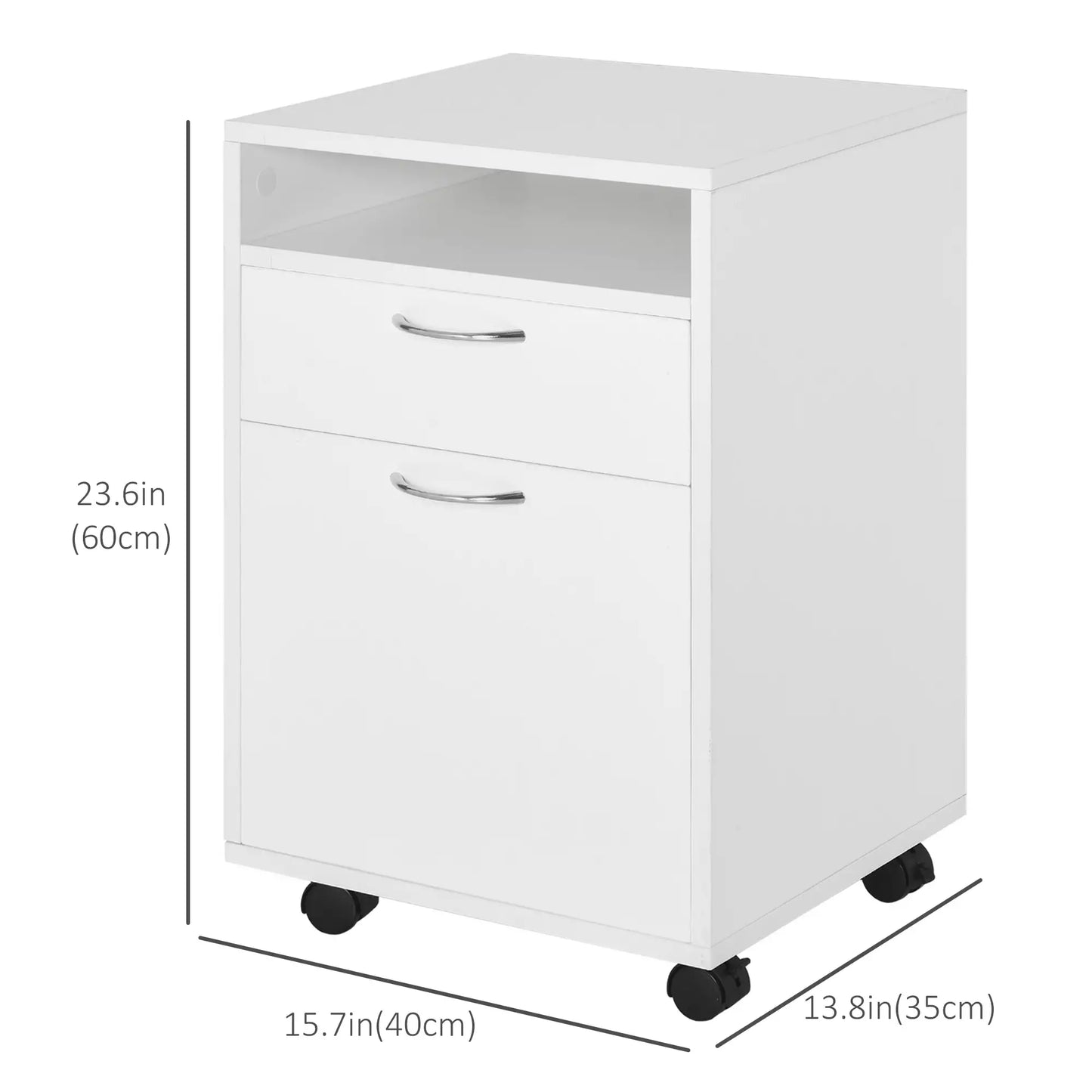 24" Small Filing Cabinet, Open Compartment, Drawer, Wheels, White Office Cabinets & Cupboards at Gallery Canada