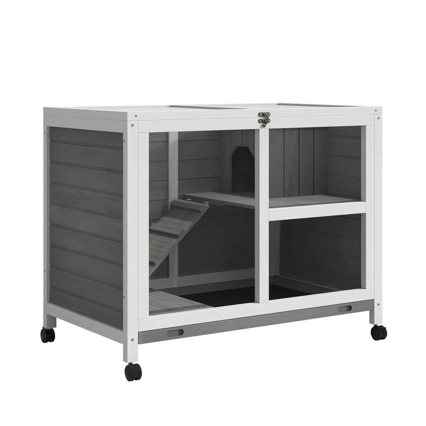 Indoor Rabbit Hutch with Wheels, Bunny Cage, Pull Out Tray, Grey Rabbit Hutch Grey at Gallery Canada