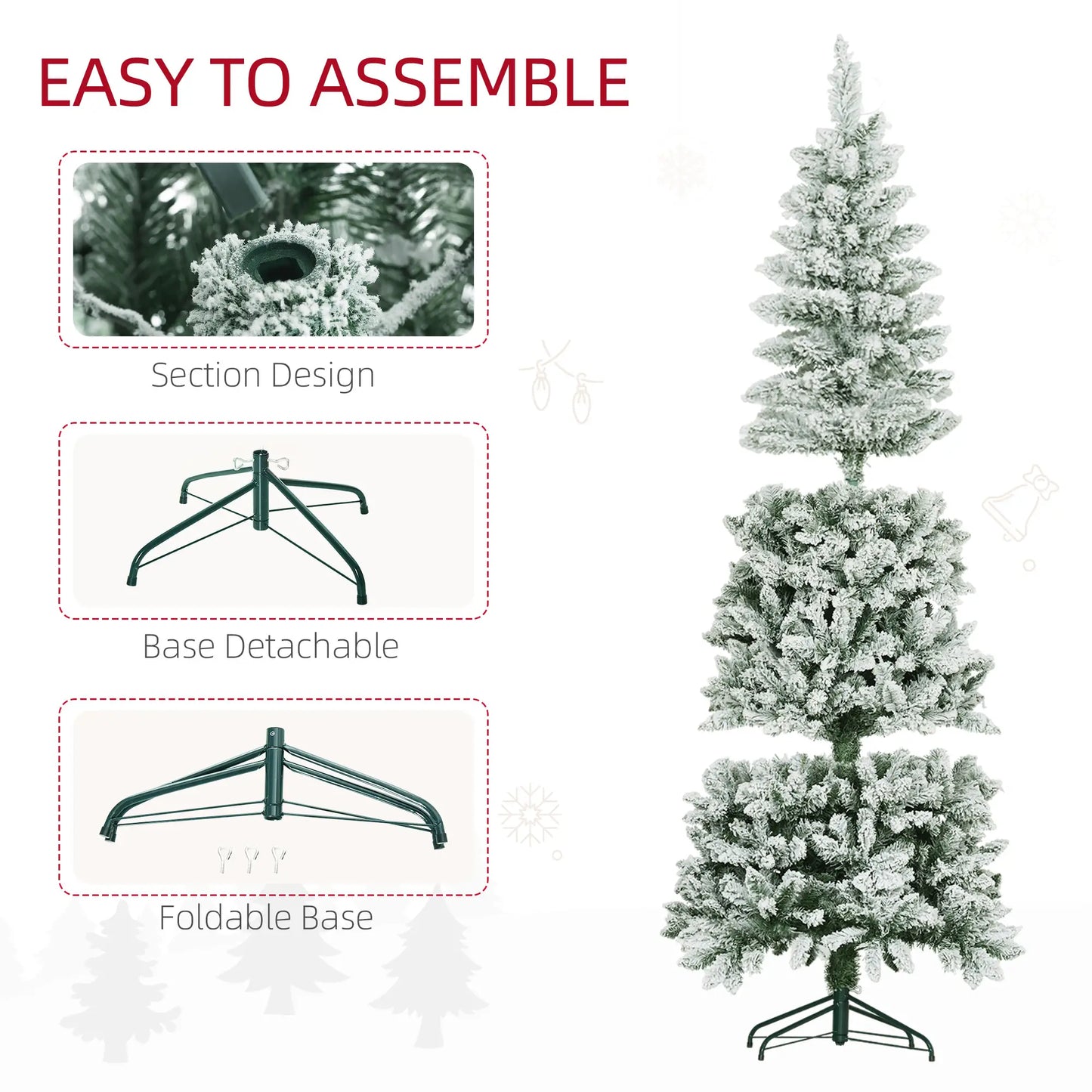 6ft Flocked Pencil Christmas Tree, 479 Branch Tips, Metal Base