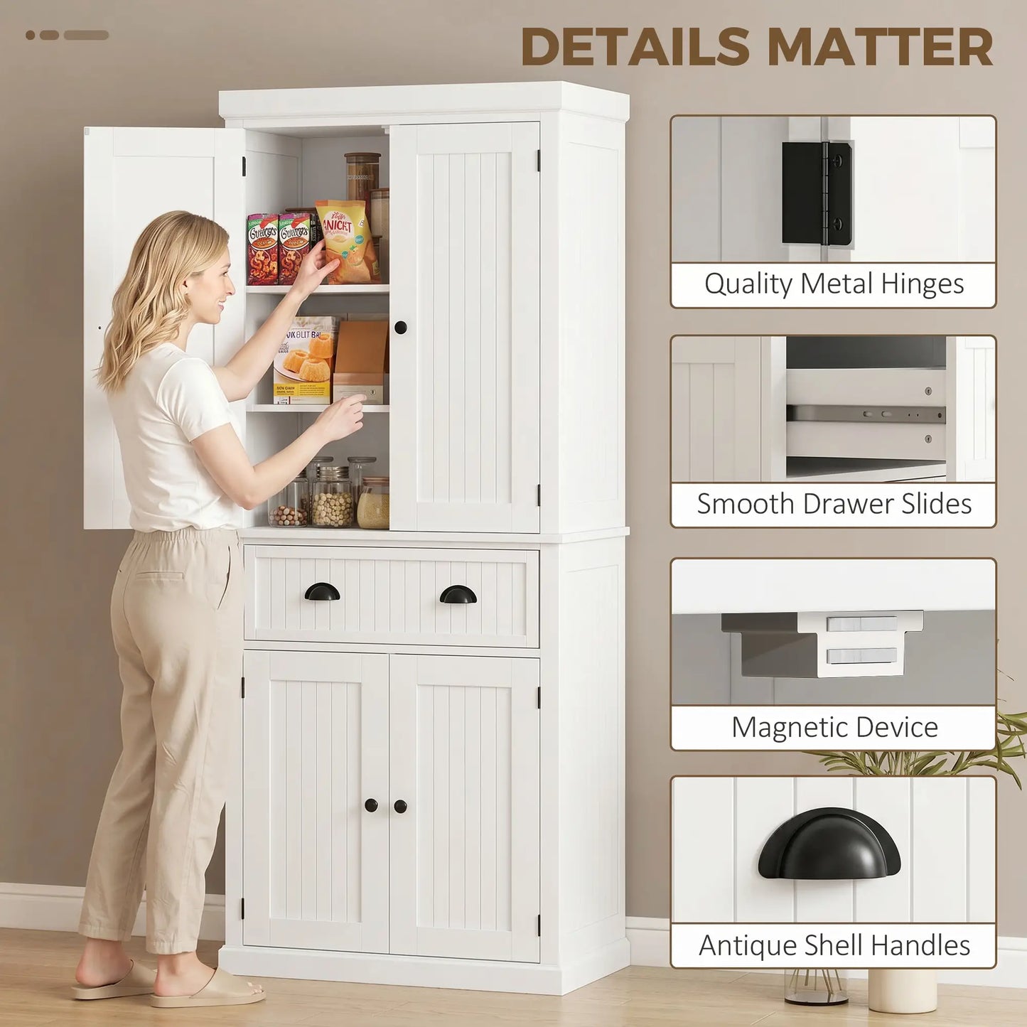 72 Inch Kitchen Pantry, Storage Cabinet with Drawer, White, White Kitchen Pantry Cabinets at Gallery Canada