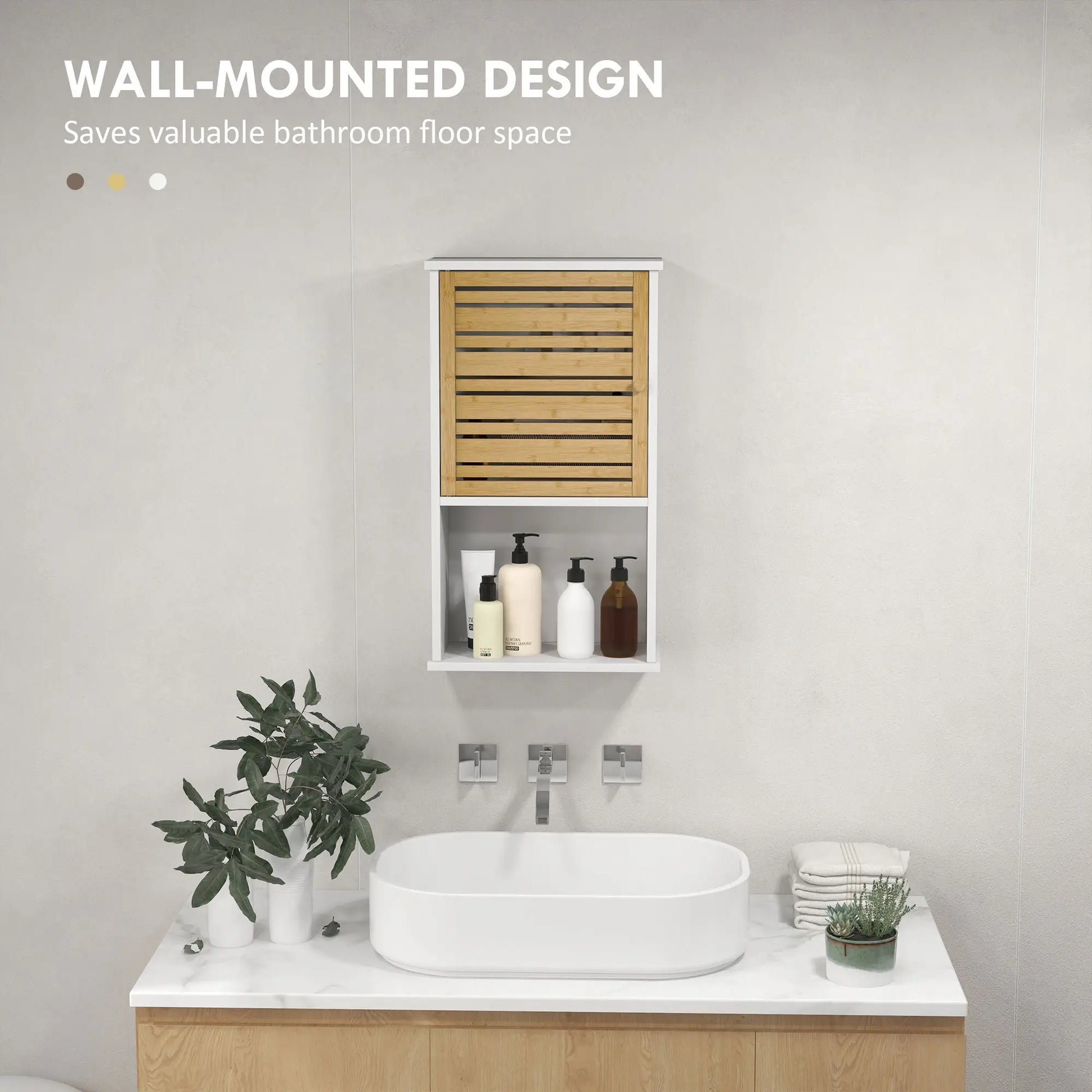 Wall Mounted Bathroom Cabinet, Bamboo Slat Door, Adjustable Shelf, White Wall Mounted Cabinets at Gallery Canada