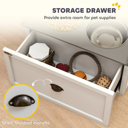 Station d'alimentation pour chiens surélevée, 2 bols en acier inoxydable, 23,6"x11,8"x14,2", blanc